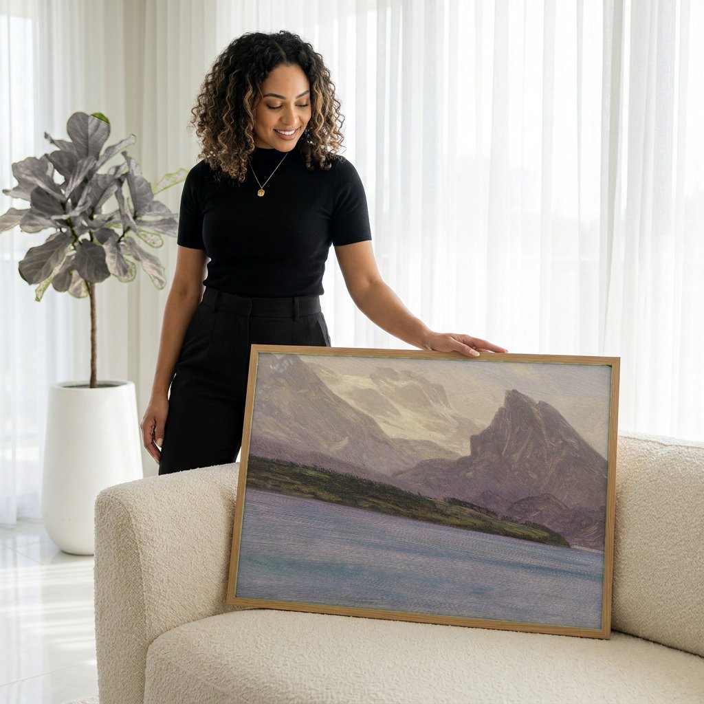 Quadro Decorativo Montanhas e Lago - Albert Bierstadt com modelo em ambiente