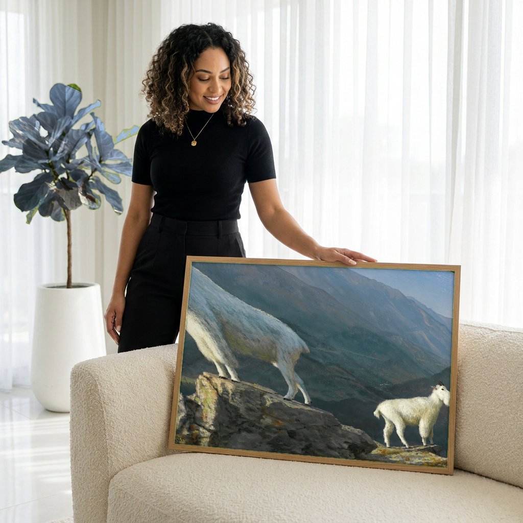 Quadro Decorativo Cabras na Montanha - Bierstadt com modelo em ambiente