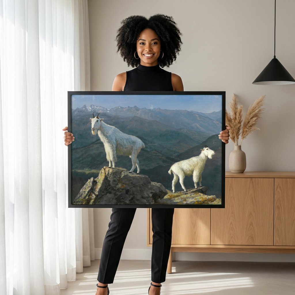 Quadro Decorativo Cabras na Montanha - Bierstadt com modelo em ambiente