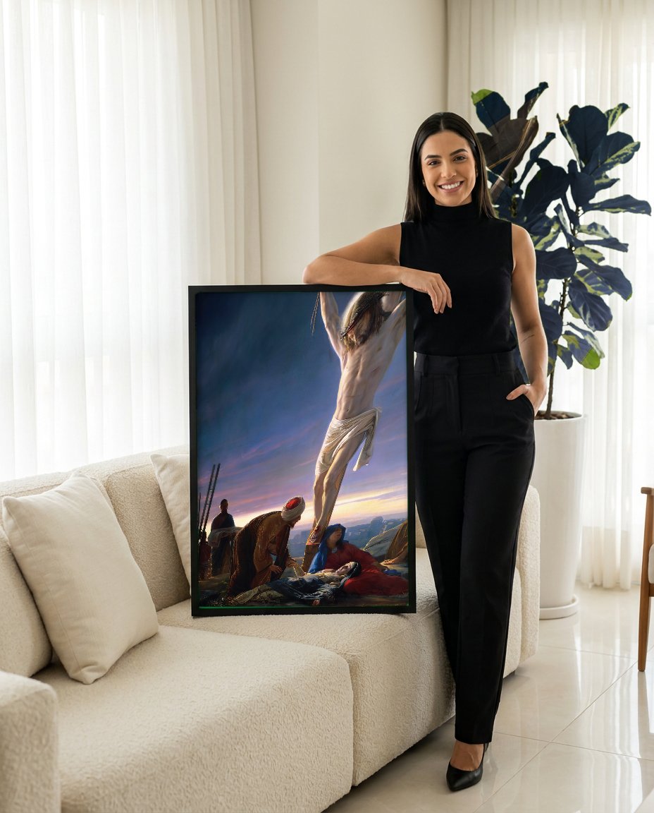 Quadro Decorativo A Crucificação - Carl Bloch com modelo em ambiente