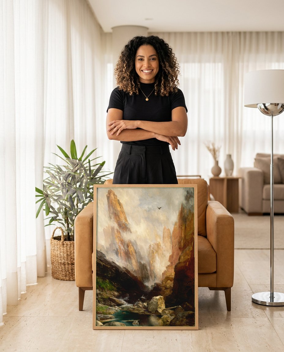 Quadro Decorativo Cânion com Rio e Neblina - Thomas Moran com modelo em ambiente