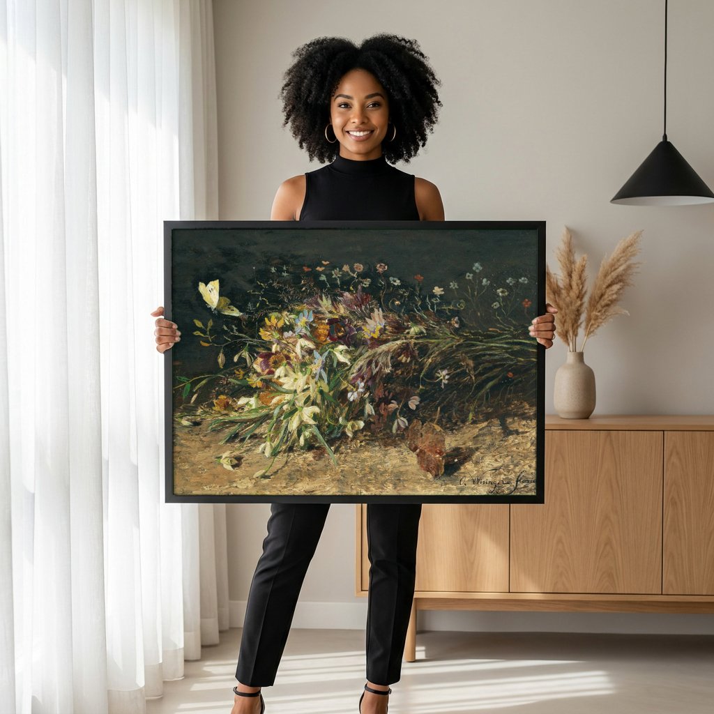 Quadro Decorativo Campo de Flores com Borboleta - Olga Wisinger-Florian com modelo em ambiente