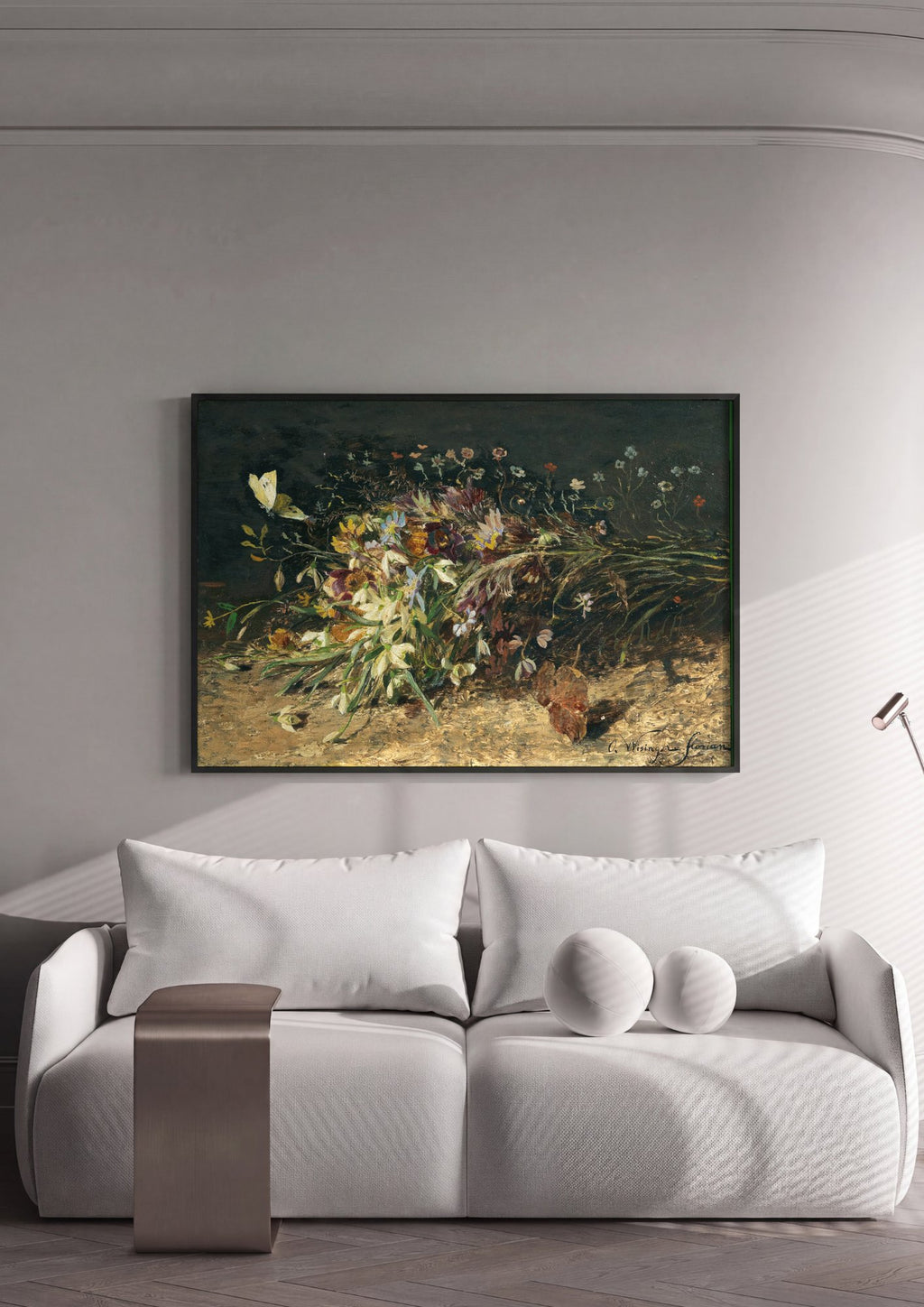 Quadro Decorativo Campo de Flores com Borboleta - Olga Wisinger-Florian em ambiente decorado