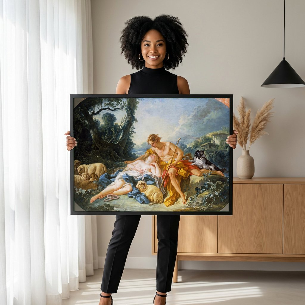Quadro Decorativo A Pastoral - François Boucher com modelo em ambiente
