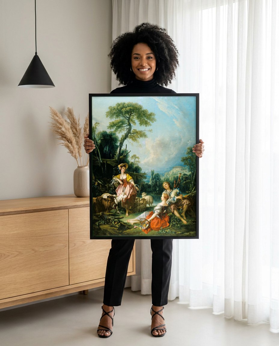 Quadro Decorativo A Pastoral - François Boucher com modelo em ambiente