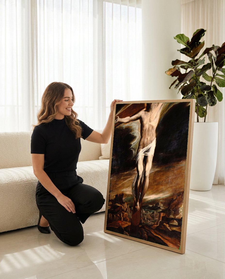 Quadro Decorativo Crucificação - Orazio Borgianni com modelo em ambiente