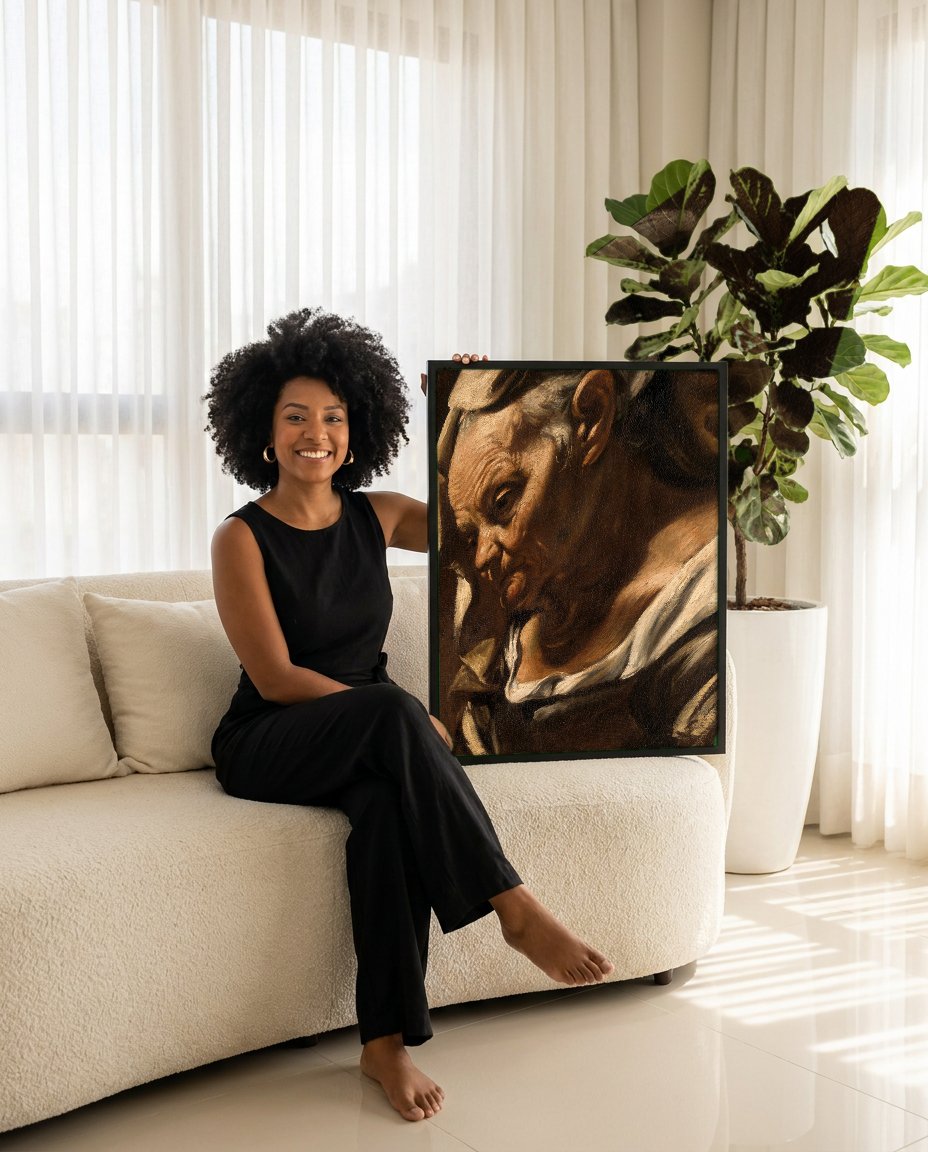 Quadro Decorativo 'Mulher Idosa' - Orazio Borgianni com modelo em ambiente