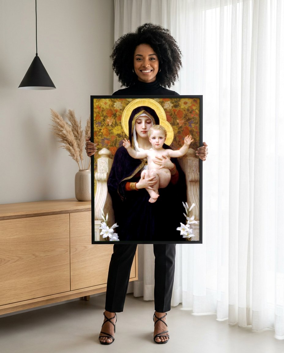 Quadro Decorativo A Virgem dos Lírios - Bouguereau com modelo em ambiente