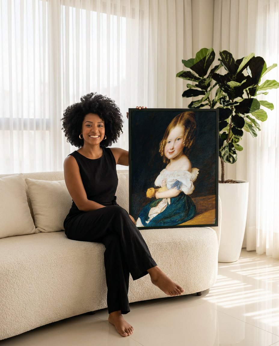 Quadro Decorativo A Menina com Maçã e Boneca - Waldmüller com modelo em ambiente