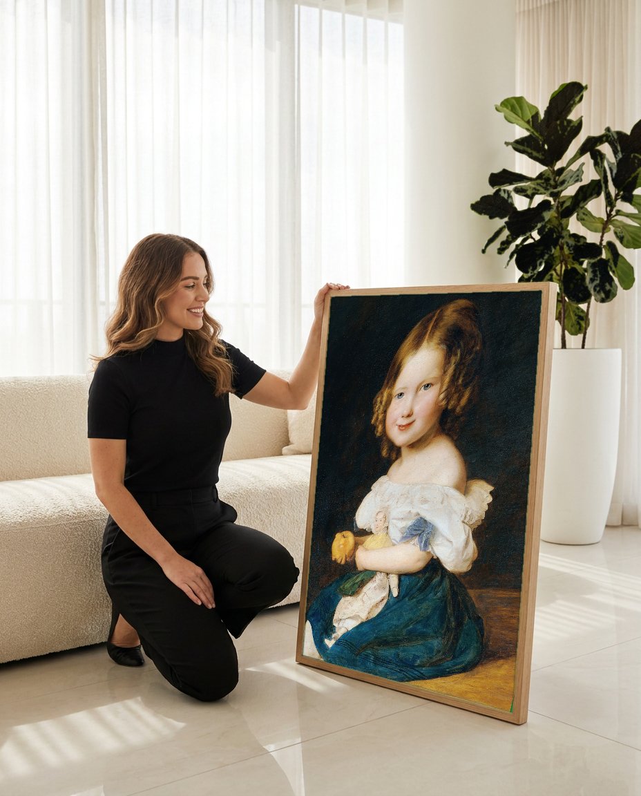 Quadro Decorativo A Menina com Maçã e Boneca - Waldmüller com modelo em ambiente