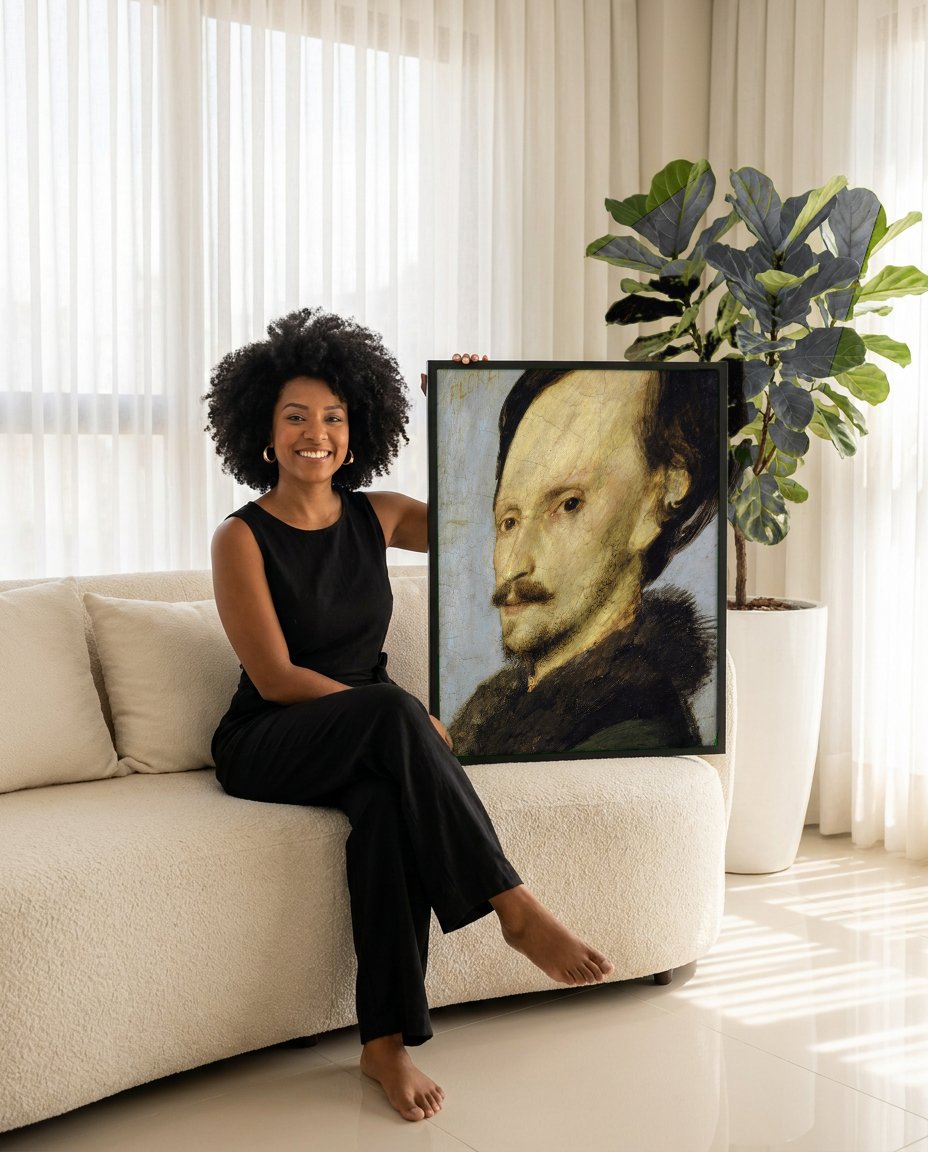 Quadro Decorativo Autorretrato - Arnold Böcklin com modelo em ambiente