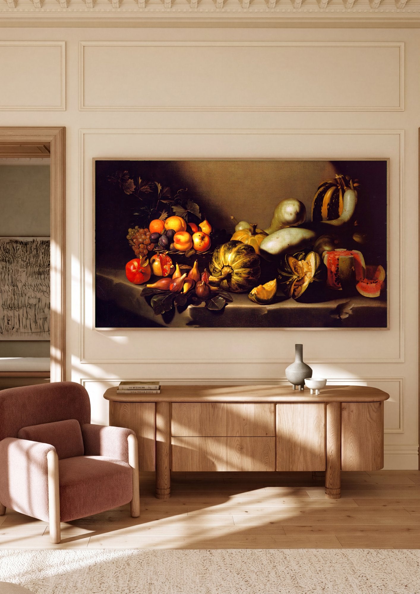 Quadro Decorativo Cesta de Frutas e Abóboras - Caravaggio em ambiente decorado