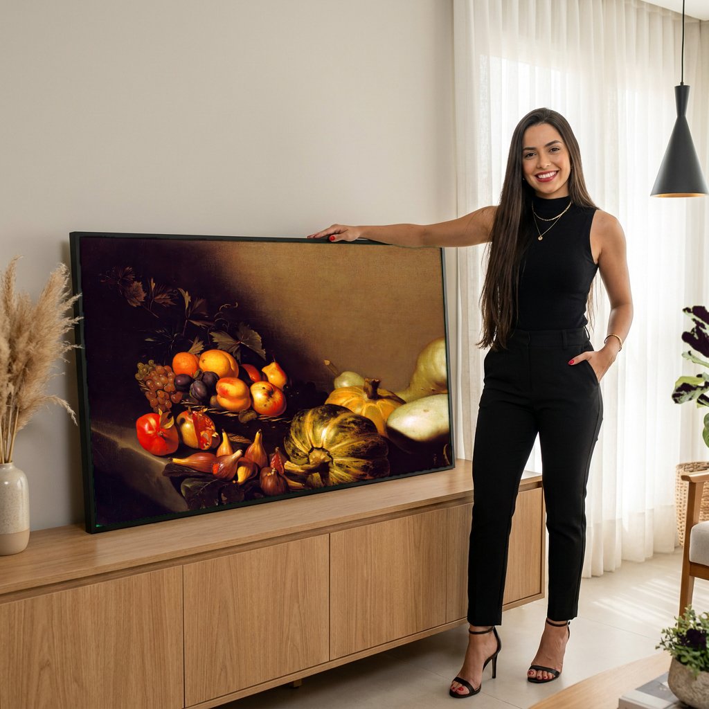 Quadro Decorativo Cesta de Frutas e Abóboras - Caravaggio com modelo em ambiente