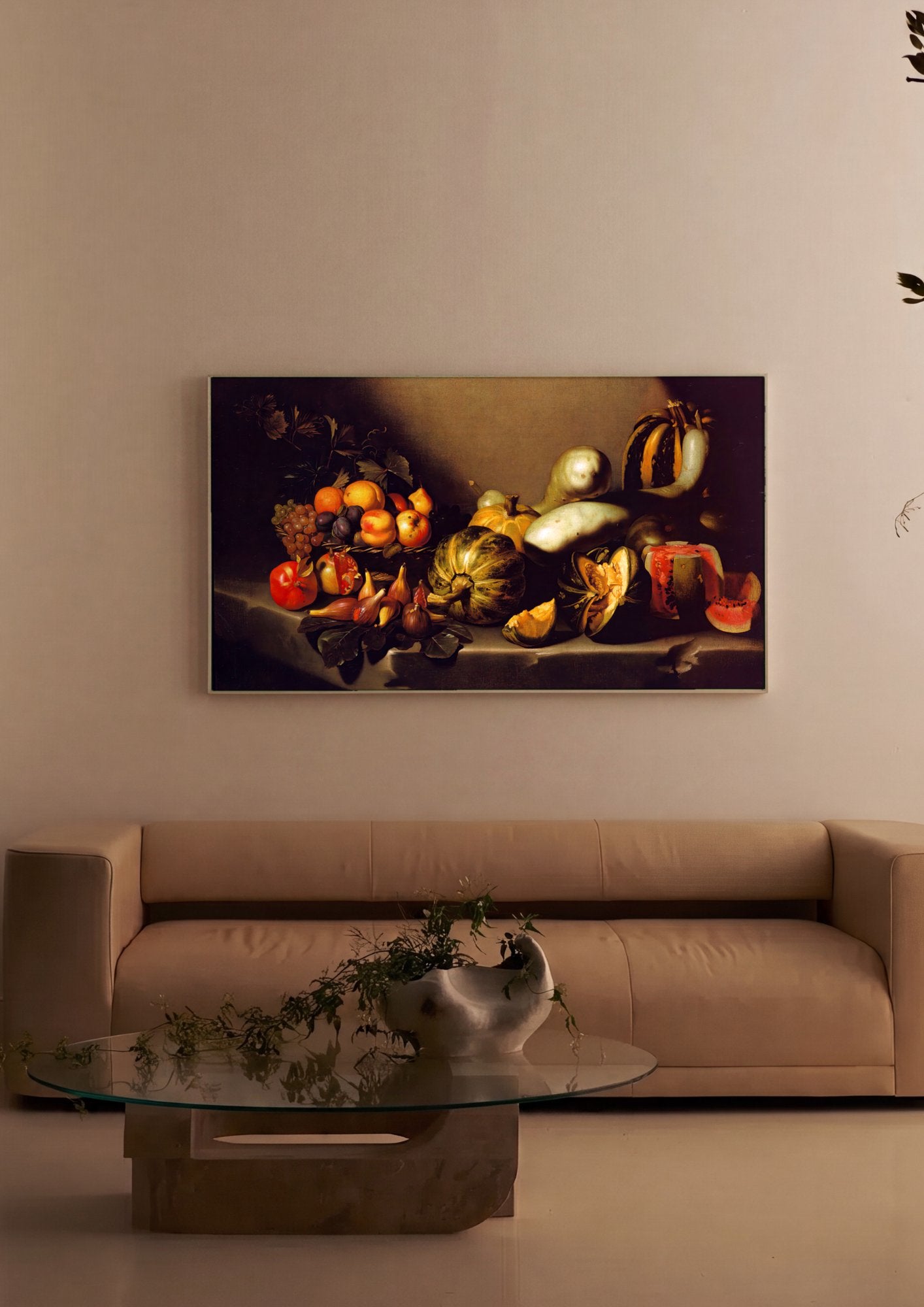 Quadro Decorativo Cesta de Frutas e Abóboras - Caravaggio em ambiente decorado