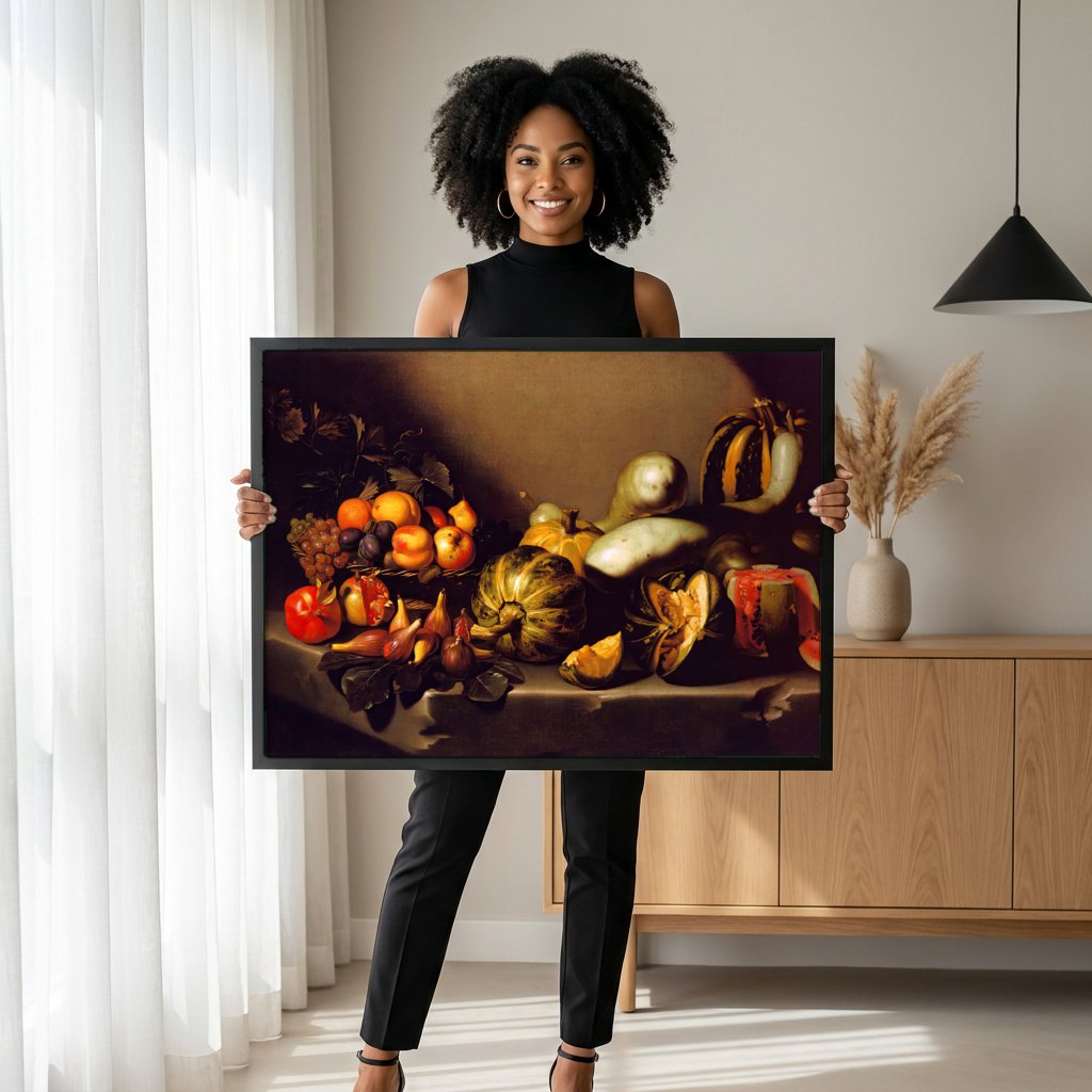 Quadro Decorativo Cesta de Frutas e Abóboras - Caravaggio com modelo em ambiente