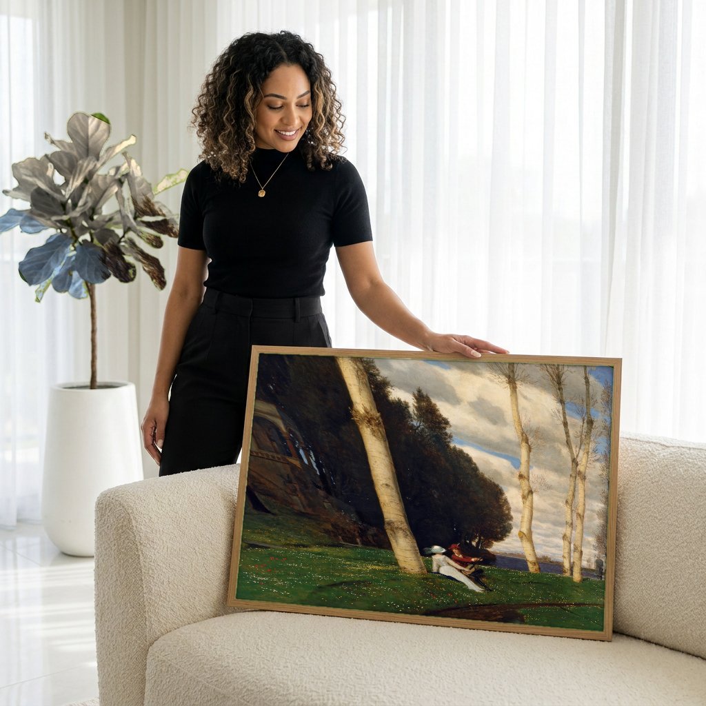 Quadro Decorativo A Primavera - Arnold Böcklin com modelo em ambiente