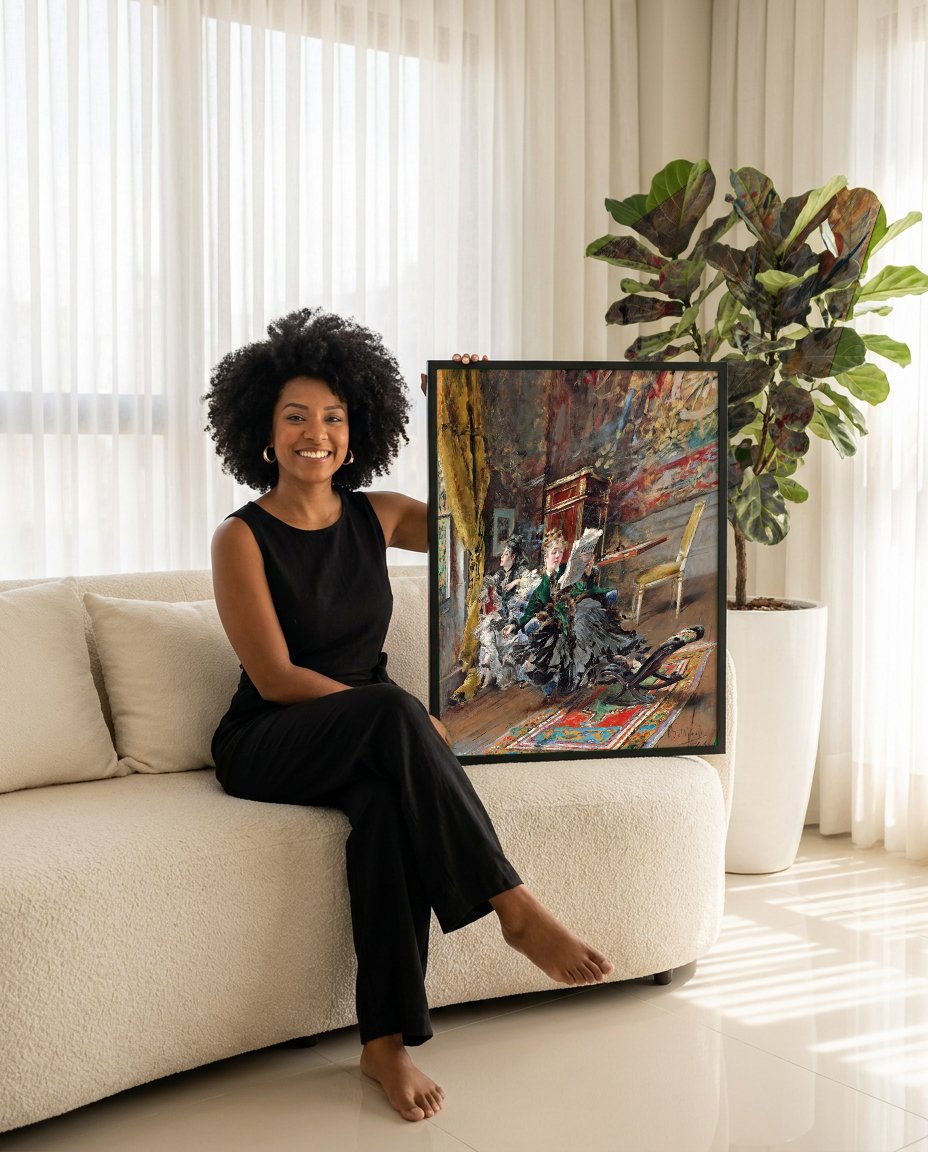 Quadro Decorativo A Leitura - Giovanni Boldini com modelo em ambiente