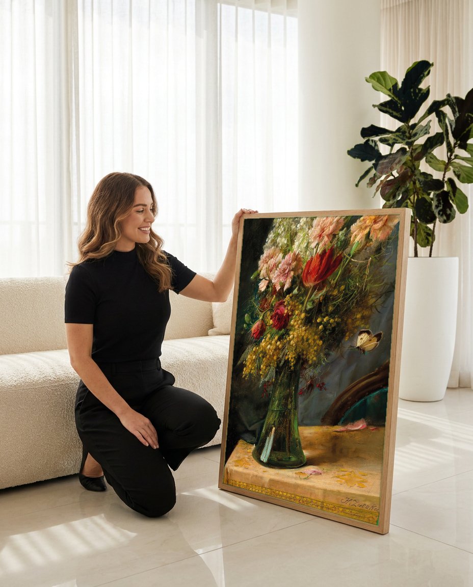 Quadro Decorativo Vaso de Flores com Borboleta - Hans Zatzka com modelo em ambiente