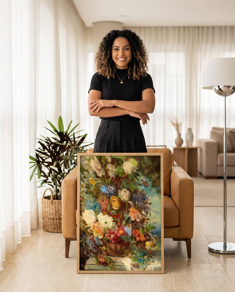 Quadro Decorativo Vaso de Flores com Borboletas - Hans Zatzka com modelo em ambiente