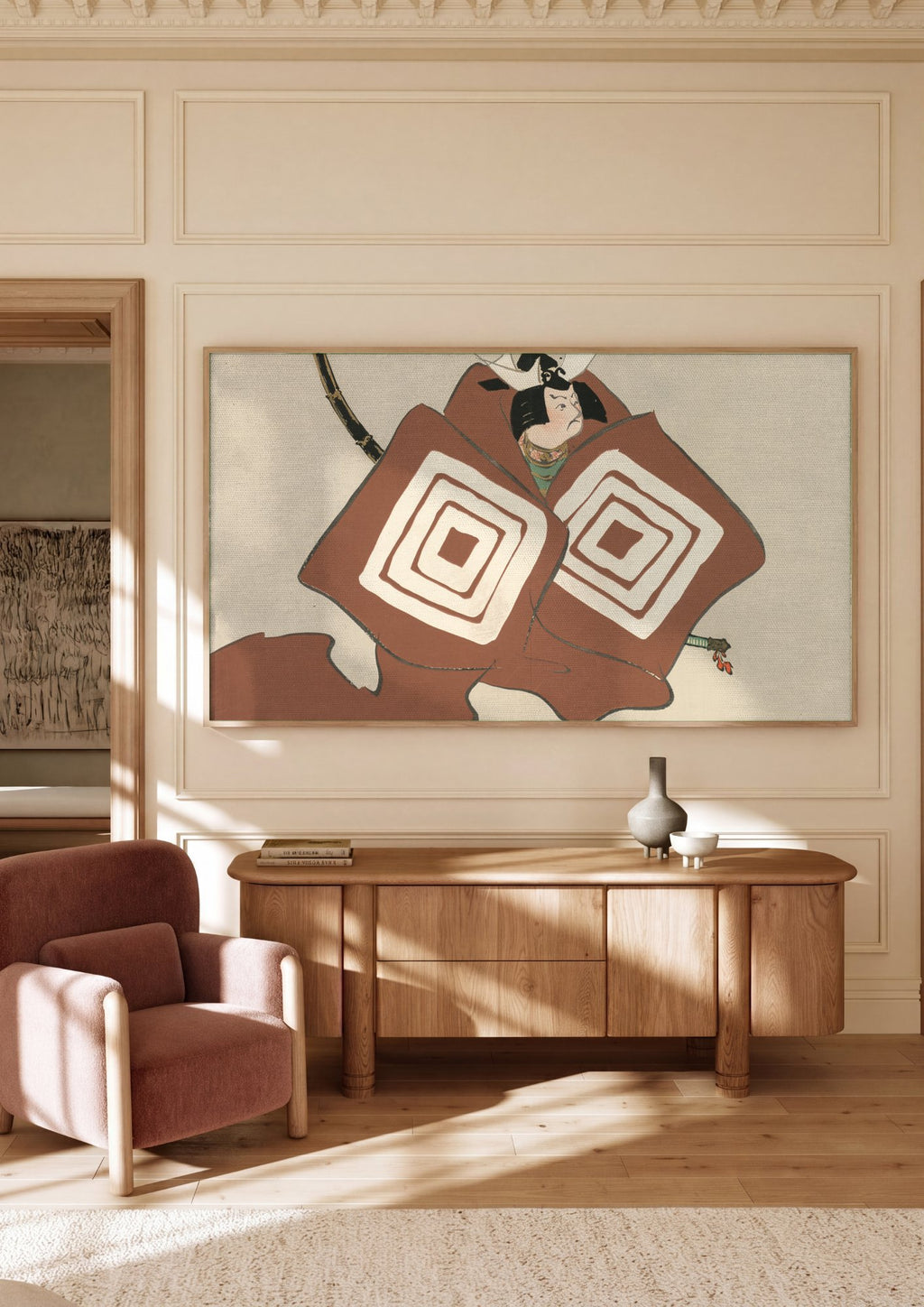 Quadro Decorativo Samurai Okiagari-koboshi - Kamisaka Sekka em ambiente decorado
