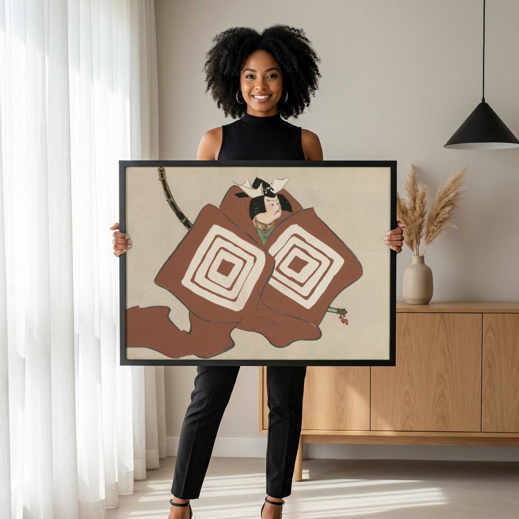 Quadro Decorativo Samurai Okiagari-koboshi - Kamisaka Sekka com modelo em ambiente