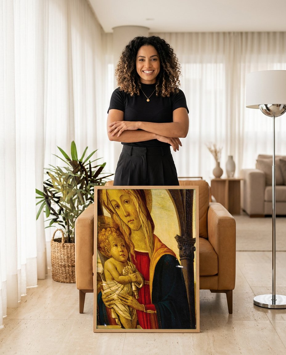 Quadro Decorativo Madonna e o Menino - Botticelli com modelo em ambiente