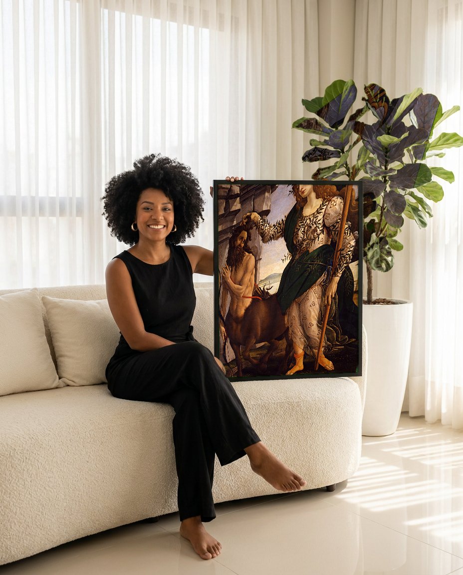 Quadro Decorativo Palas e o Centauro - Botticelli com modelo em ambiente