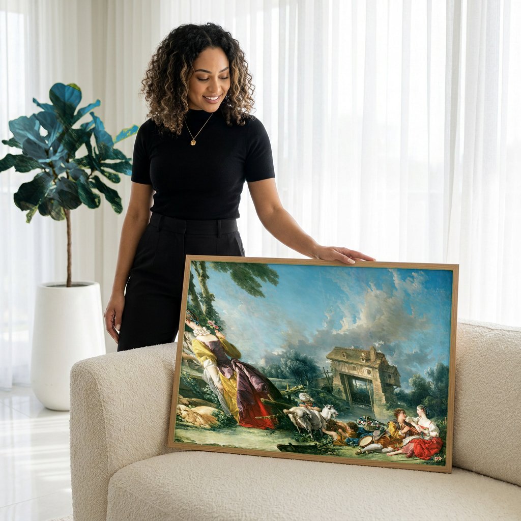Quadro Decorativo A Fazenda - François Boucher com modelo em ambiente