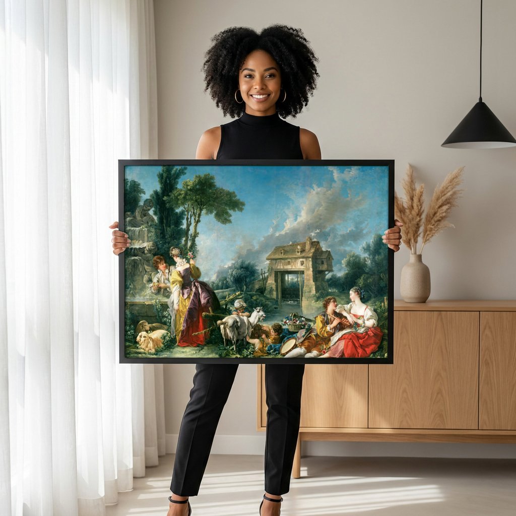 Quadro Decorativo A Fazenda - François Boucher com modelo em ambiente