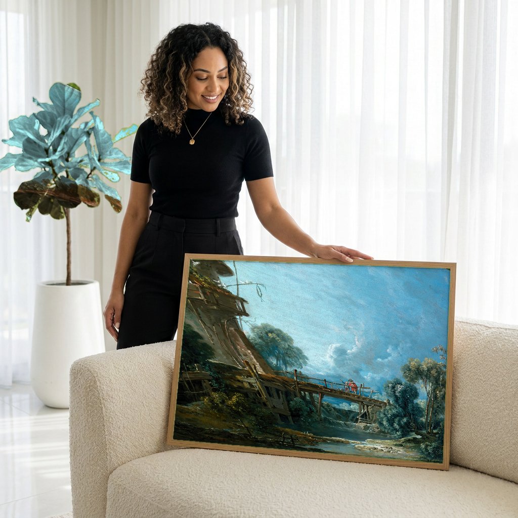 Quadro Decorativo A Ponte e o Moinho - Boucher com modelo em ambiente