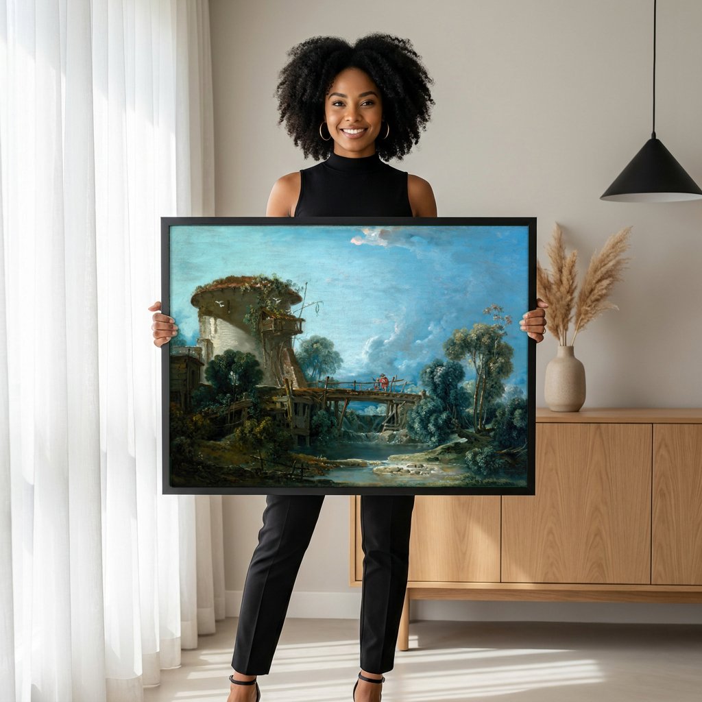 Quadro Decorativo A Ponte e o Moinho - Boucher com modelo em ambiente