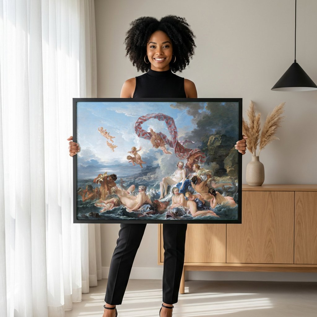 Quadro Decorativo O Triunfo de Vênus - Boucher com modelo em ambiente