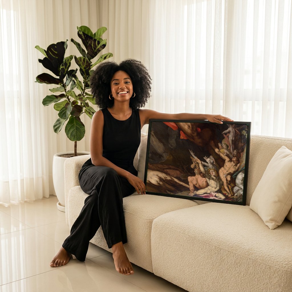 Quadro Decorativo A Queda dos Titãs - Abraham Bloemaert com modelo em ambiente