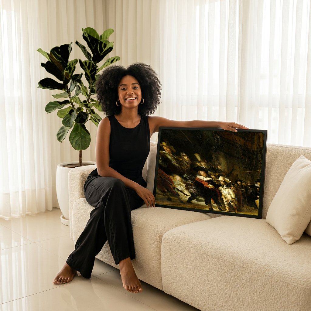 Quadro Decorativo A Ronda Noturna - Rembrandt com modelo em ambiente