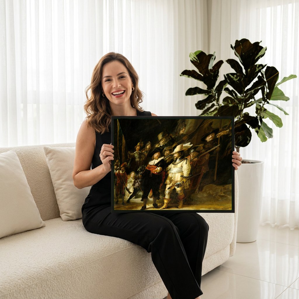 Quadro Decorativo A Ronda Noturna - Rembrandt com modelo em ambiente