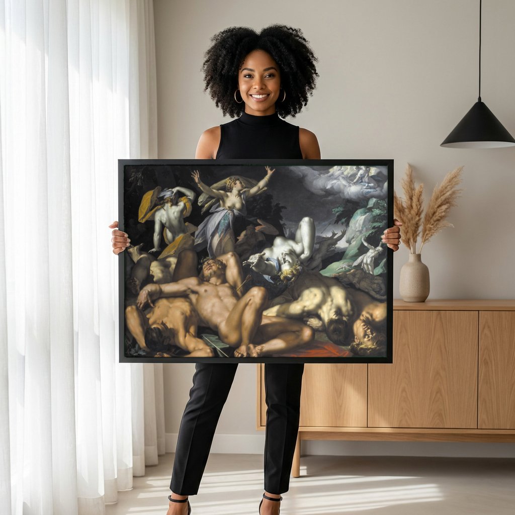 Quadro Decorativo A Queda dos Titãs - Abraham Bloemaert com modelo em ambiente