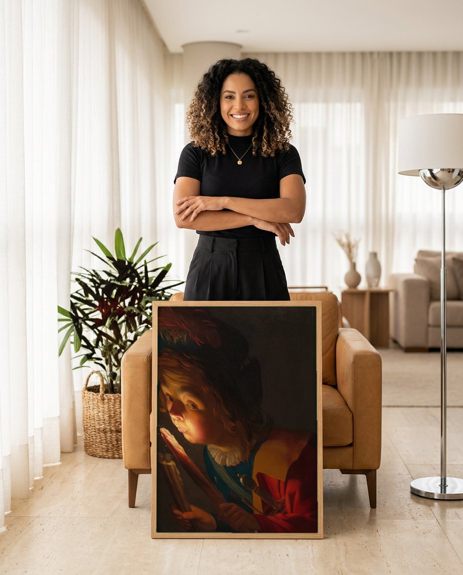 Quadro Decorativo Jovem Soprando uma Brasa - Gerard van Honthorst com modelo em ambiente