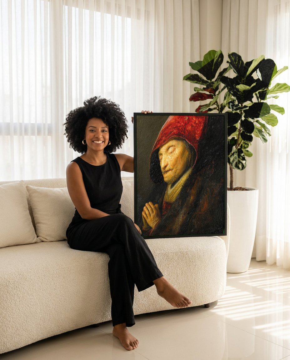 Quadro Decorativo A Mulher Orando - Rembrandt com modelo em ambiente