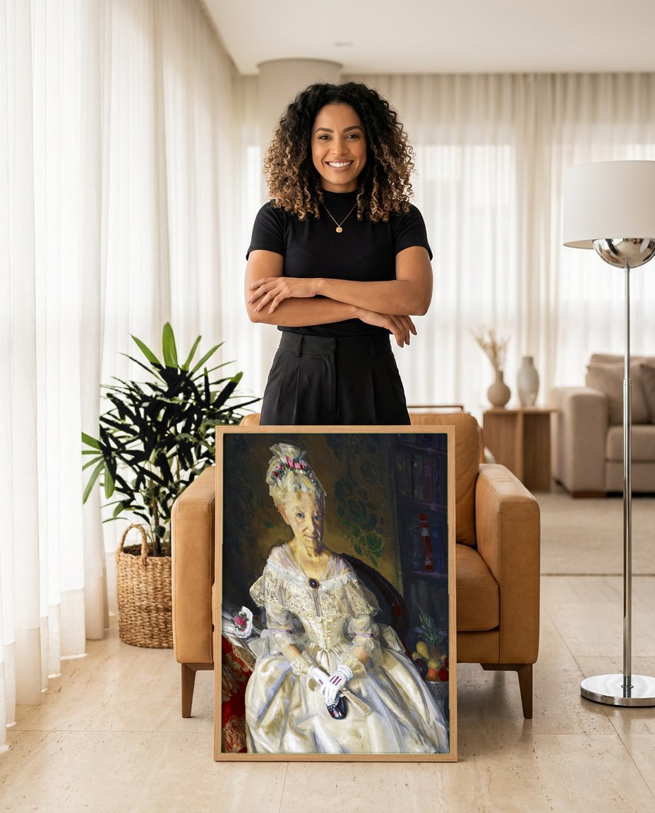 Quadro Decorativo Senhora em Vestido Branco - Bellows com modelo em ambiente
