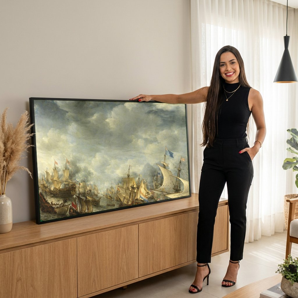 Quadro Decorativo Batalha Naval - Jan Abrahamsz Beerstraaten com modelo em ambiente