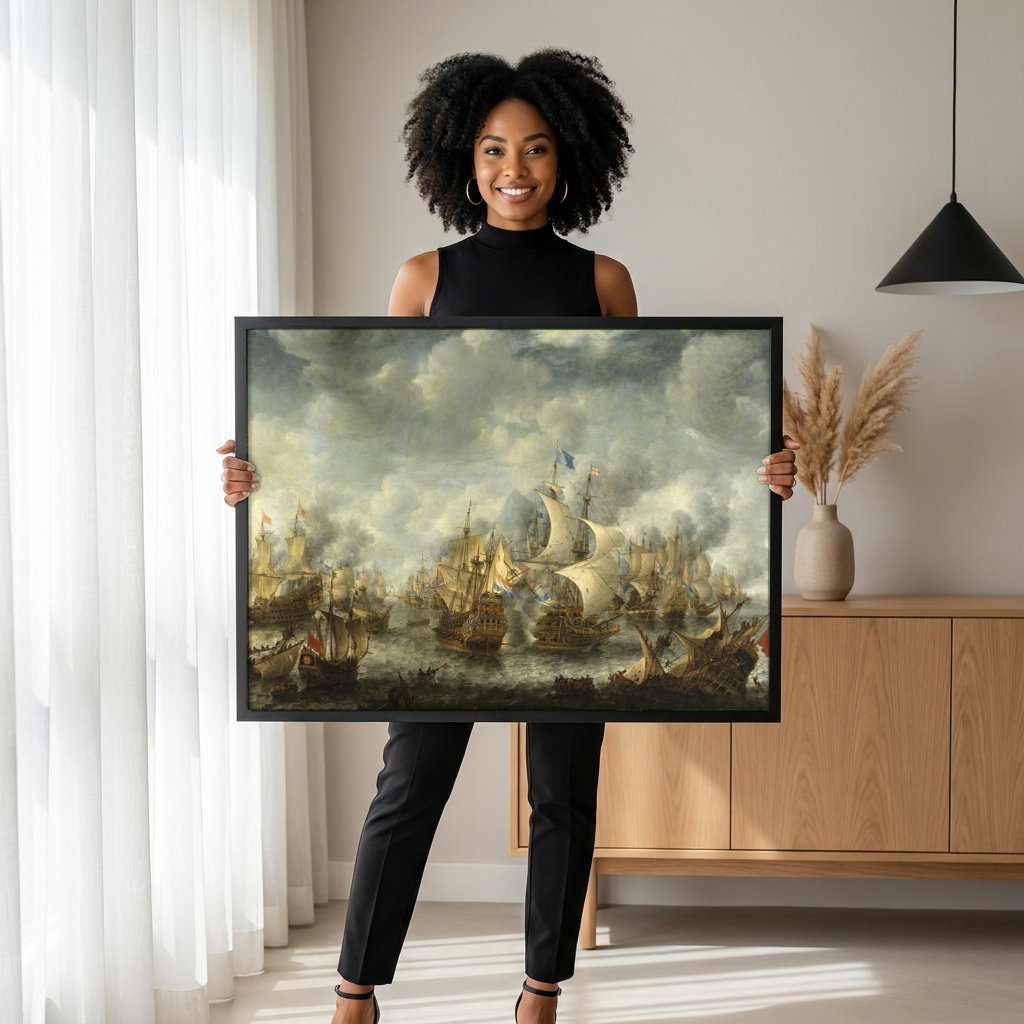 Quadro Decorativo Batalha Naval - Jan Abrahamsz Beerstraaten com modelo em ambiente