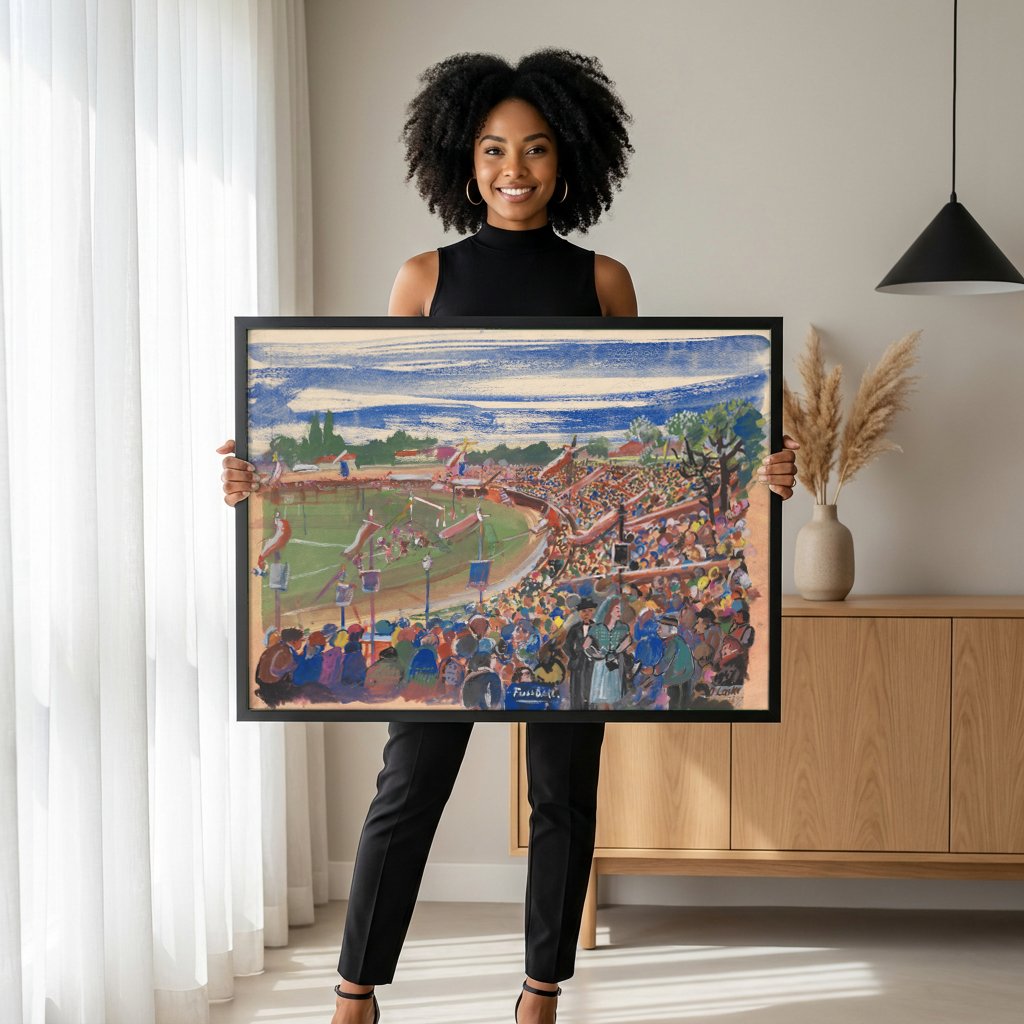 Quadro Decorativo Campo de Futebol Vibrante - Oskar Laske com modelo em ambiente