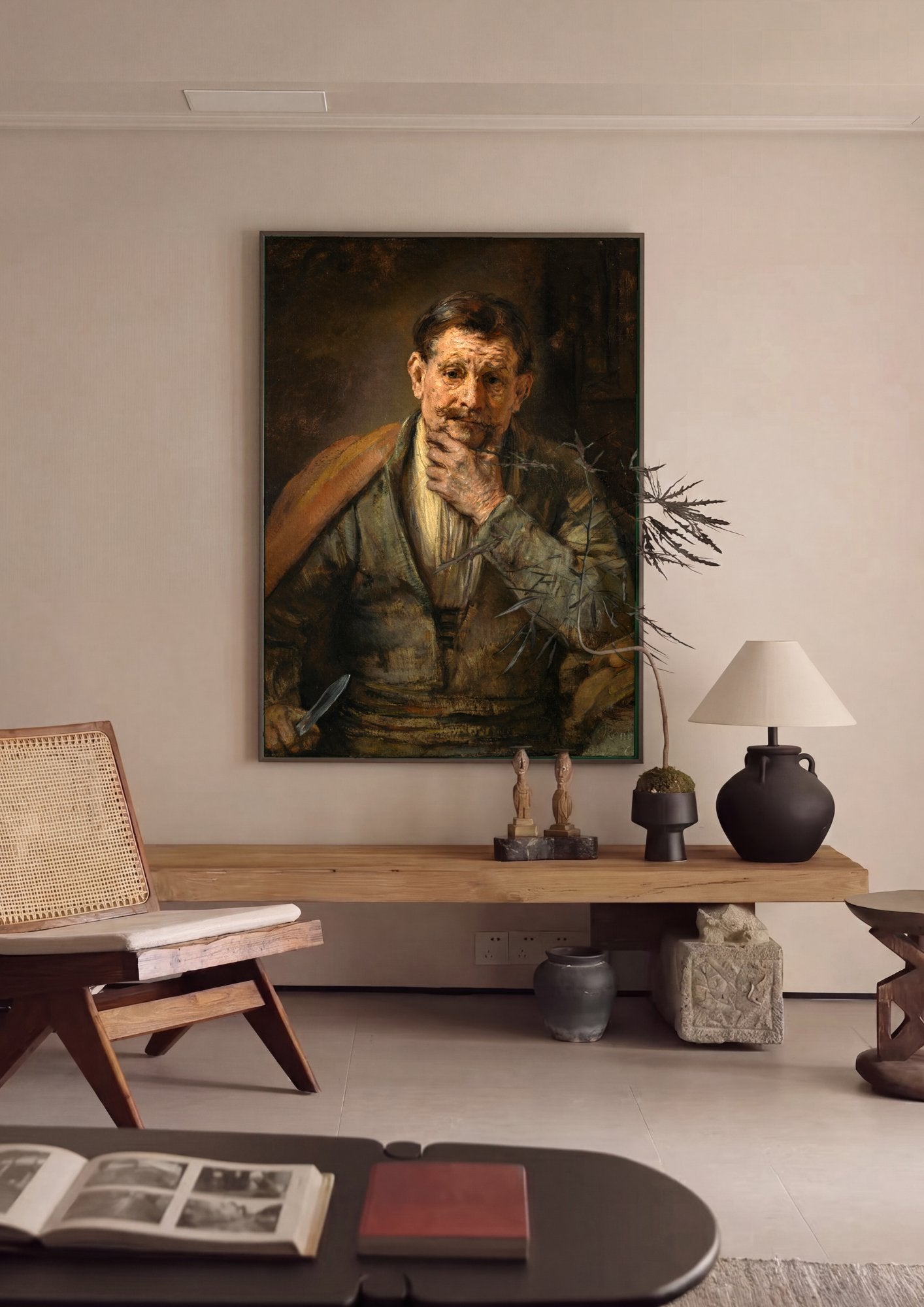 Quadro Decorativo Homem Pensativo - Rembrandt em ambiente decorado
