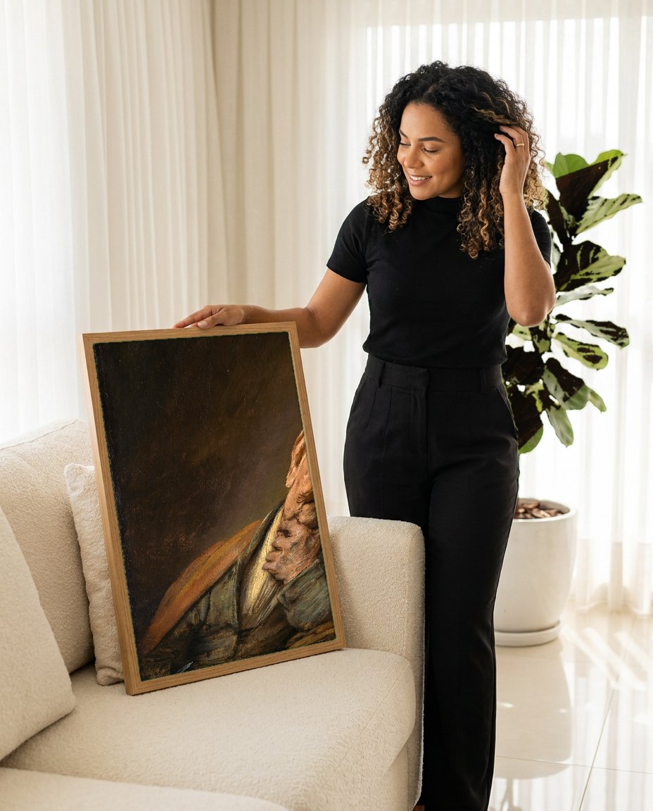 Quadro Decorativo Homem Pensativo - Rembrandt com modelo em ambiente