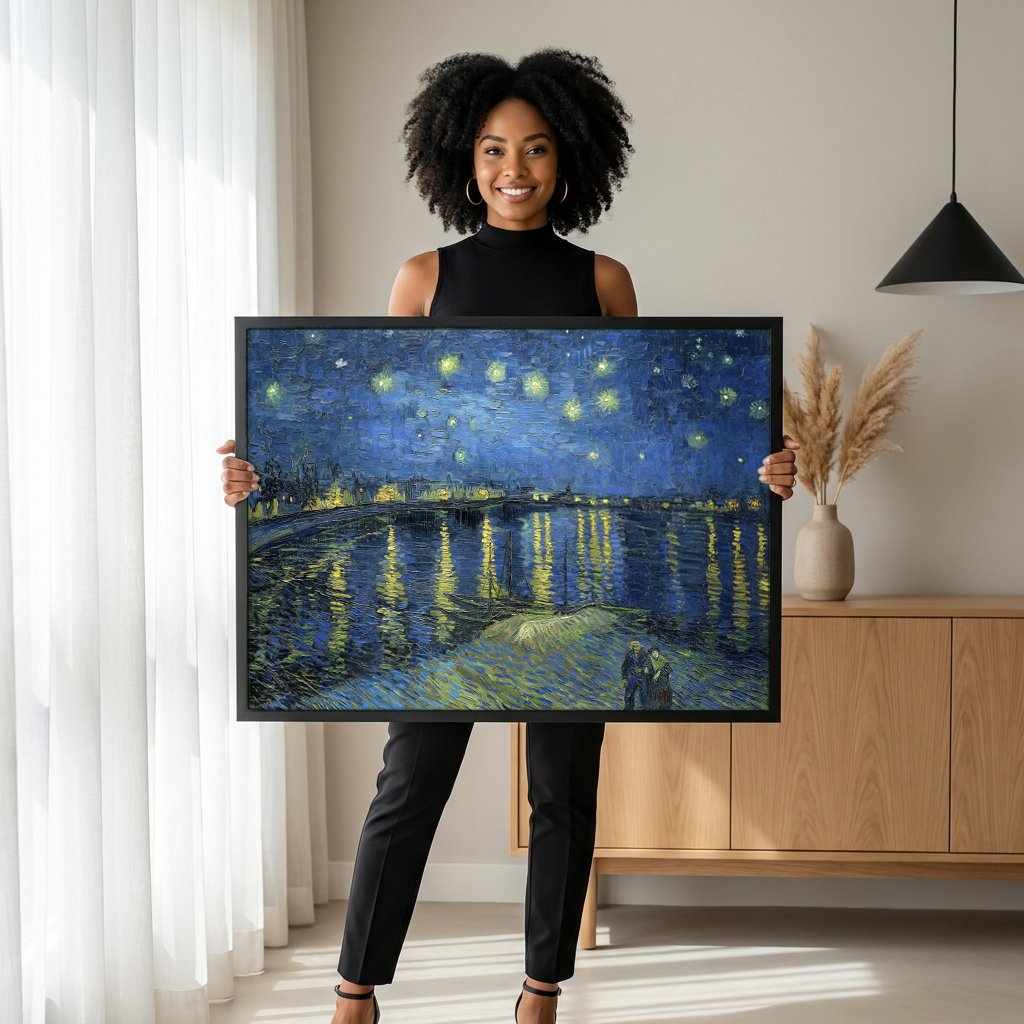 Quadro Decorativo Noite Estrelada Sobre o Ródano - Van Gogh com modelo em ambiente
