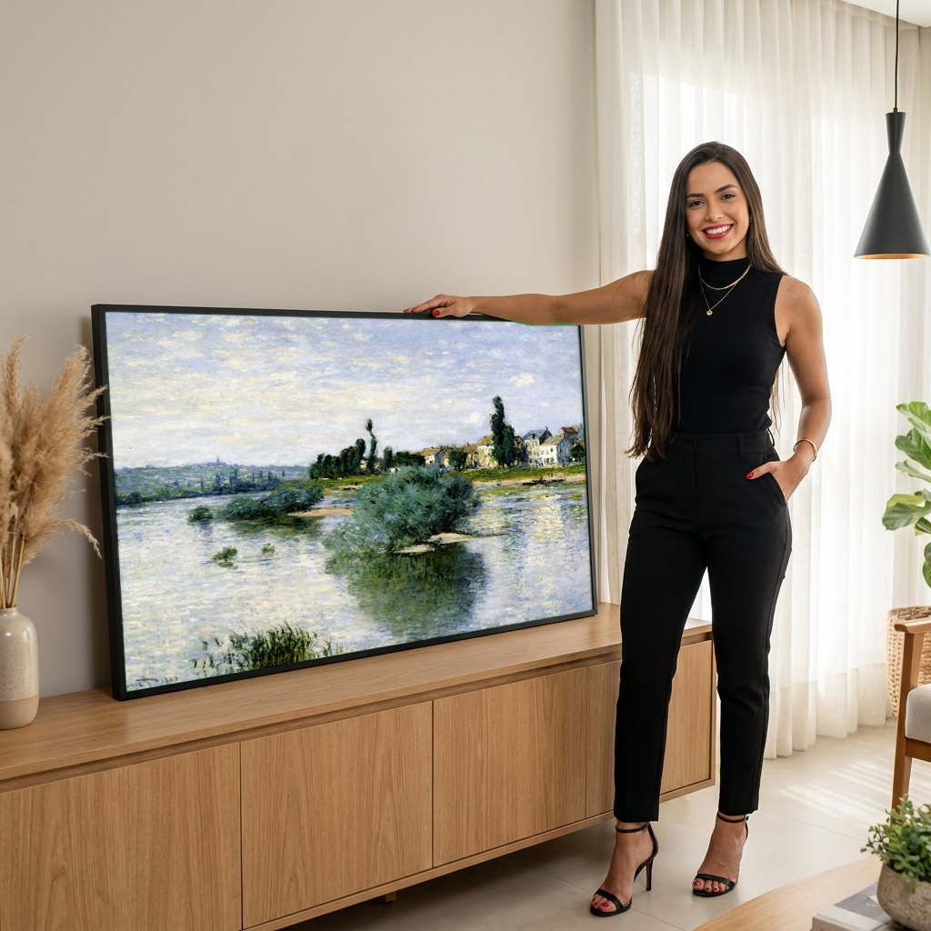 Quadro Decorativo A Sena em Argenteuil - Claude Monet | modelo apresentando o quadro emoldurado