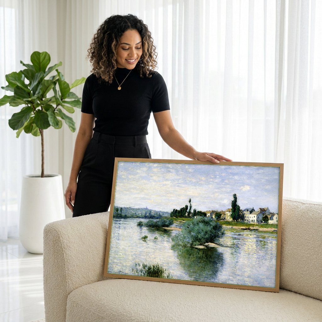Quadro Decorativo A Sena em Argenteuil - Claude Monet | modelo apresentando o quadro emoldurado