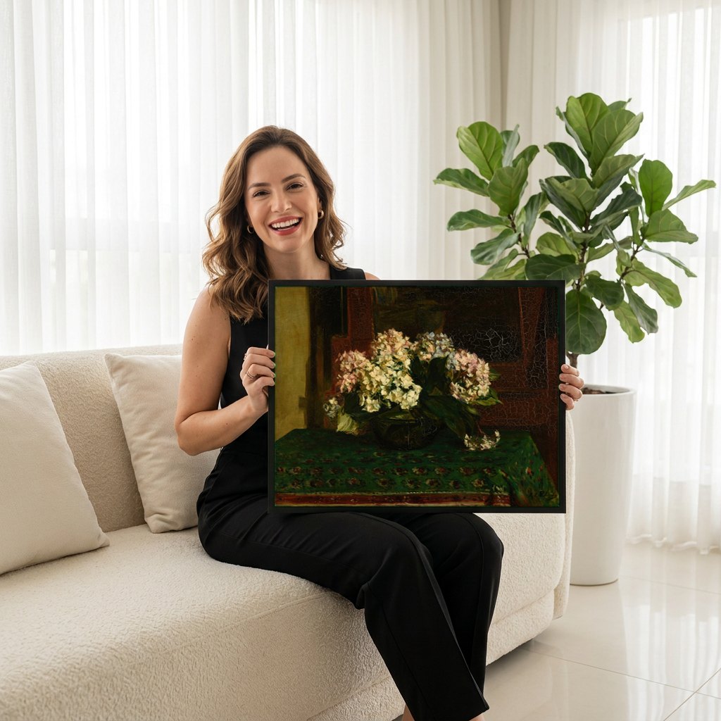 Quadro Decorativo Hortênsias em Vaso - Jacques Émile Blanche | modelo apresentando o quadro emoldurado