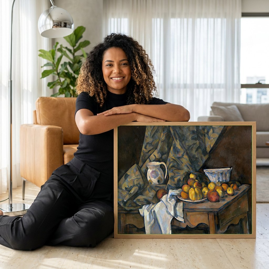 Quadro Decorativo Natureza-morta com Maçãs e Pêras - Cézanne | modelo apresentando o quadro emoldurado
