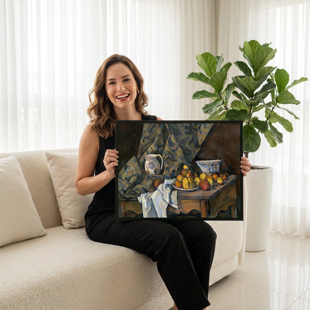 Quadro Decorativo Natureza-morta com Maçãs e Pêras - Cézanne | modelo apresentando o quadro emoldurado